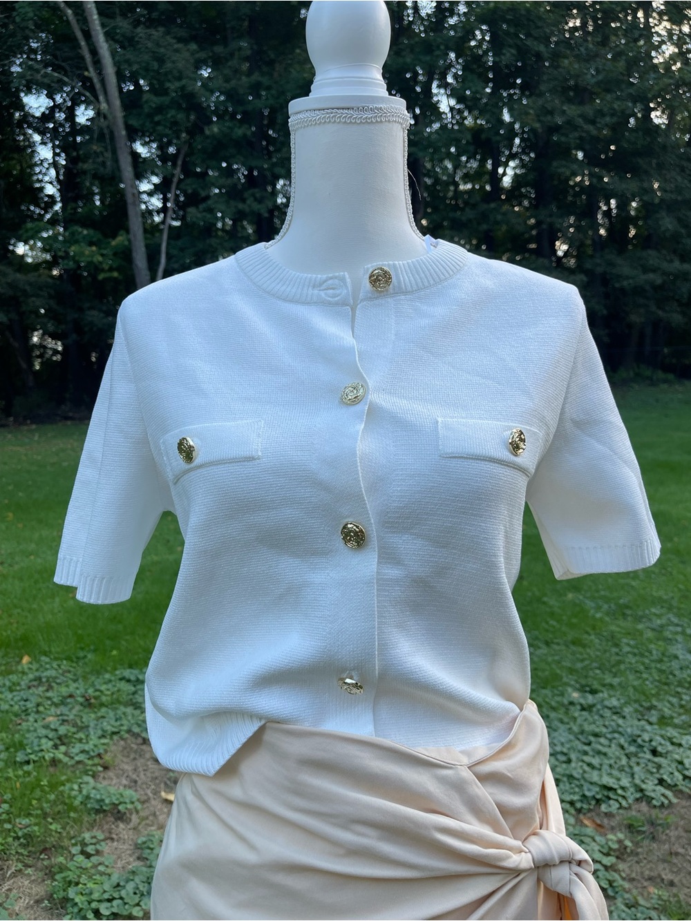 Zara White Short Sleeve Knit Cardigan Sweater Gold Buttons S NWT